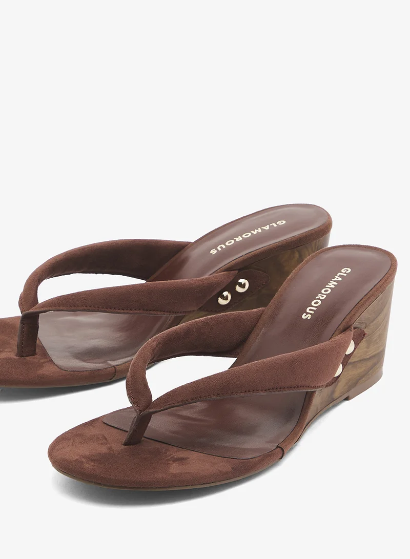 GLAMOROUS  Chocolate Suedette Toe Thong Wedge Sandals for Women | Best Price UAE
